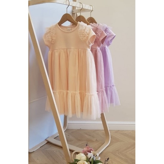 Kleita maigi violeta ar tilla svārku daļu, izmēri 98-122cm, AT0717a Kleita maigi violeta ar tilla svārku daļu, izmēri 98-122cm, AT0717a