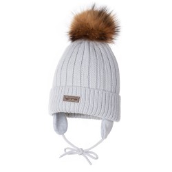 LENNE ziemas cepure ar merino vilnu un dabīgās kažokādas bumbuli ANDRIA 23373/370 gaiši pelēka