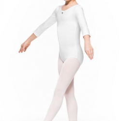 Bodijs baletam, vingrošanai, dejošanai ar 3/4 piedurknēm balts, KLARA, izmēri 98-128cm, AR053