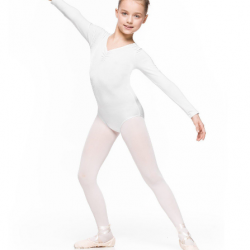 Bodijs baletam, vingrošanai, dejošanai ar garām piedurknēm balts, MIRTA, izmēri 98-128cm, AR047
