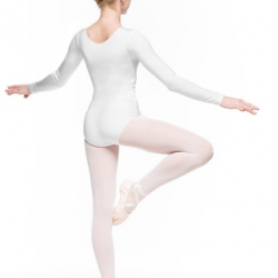 Bodijs baletam, vingrošanai, dejošanai ar garām piedurknēm balts, MIRTA, izmēri 134-152cm, AR048