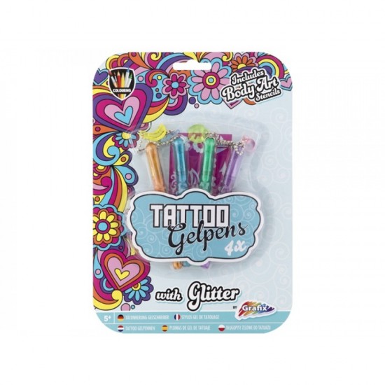Tetovējumu komplekts Grafix Tattoo Glitter Gelpens 4 pcs + Stencil 150017 Tetovējumu komplekts Grafix Tattoo Glitter Gelpens 4 pcs + Stencil 150017